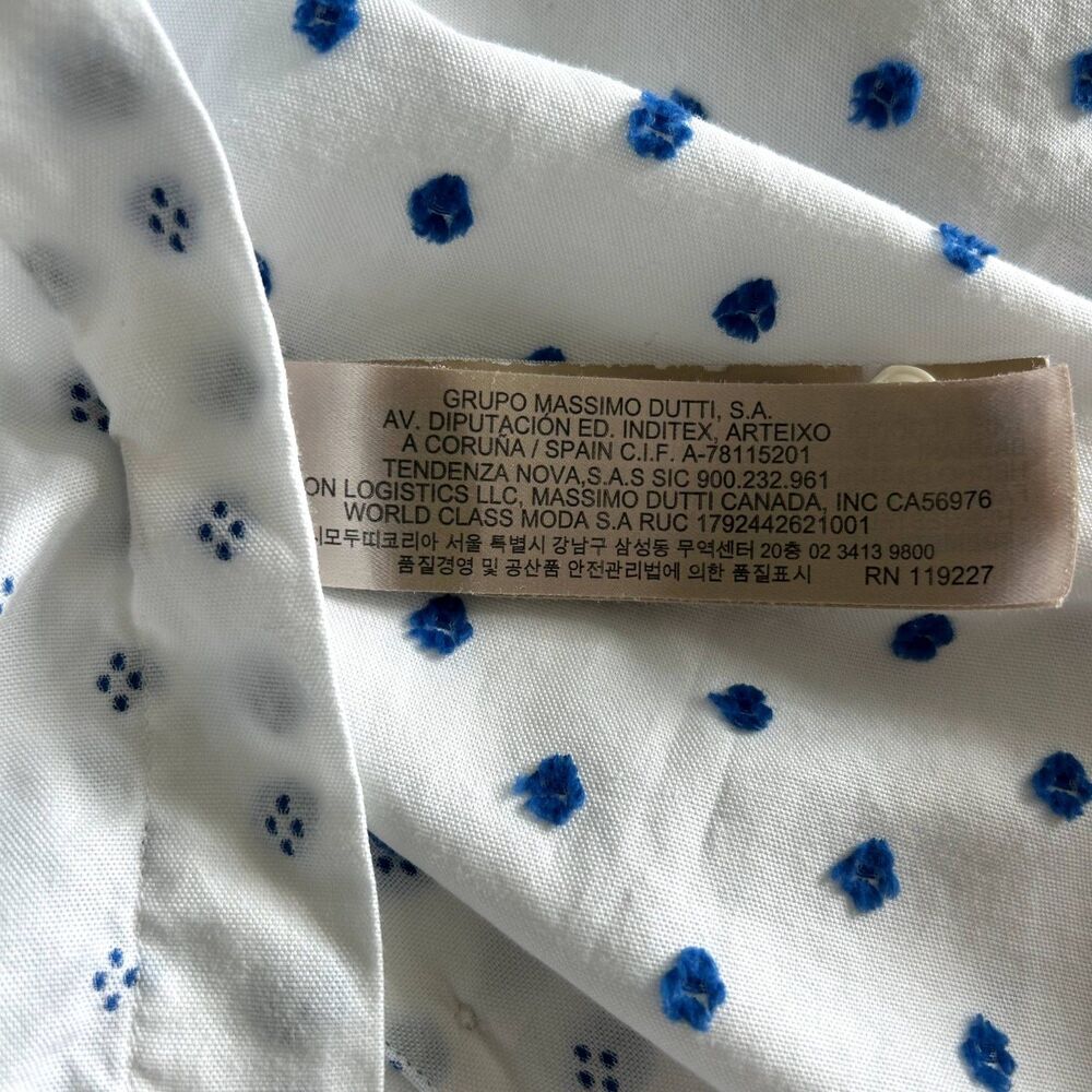 Massimo Dutti 100% Cotton White Button-Up Shirt Blue Embroidered Dot Men's Small - Picture 10 of 10